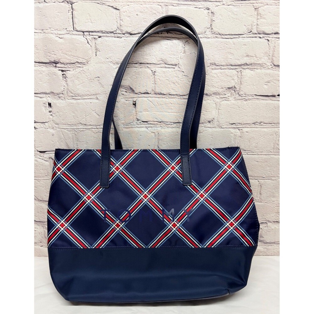Tommy Hilfiger Tote Purse Shoulder Bag Red White Blue Plaid Nylon Summer Beach